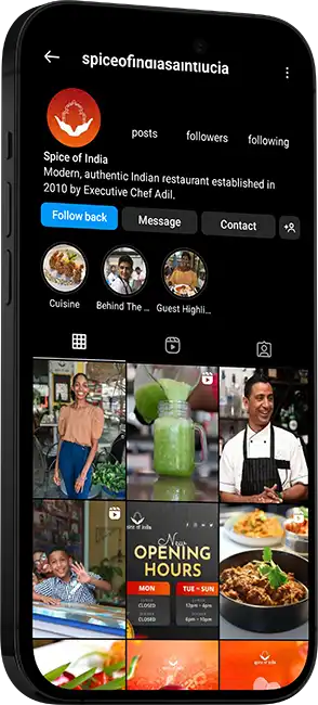 A phone showcasing Spice of India's Instagram profile.